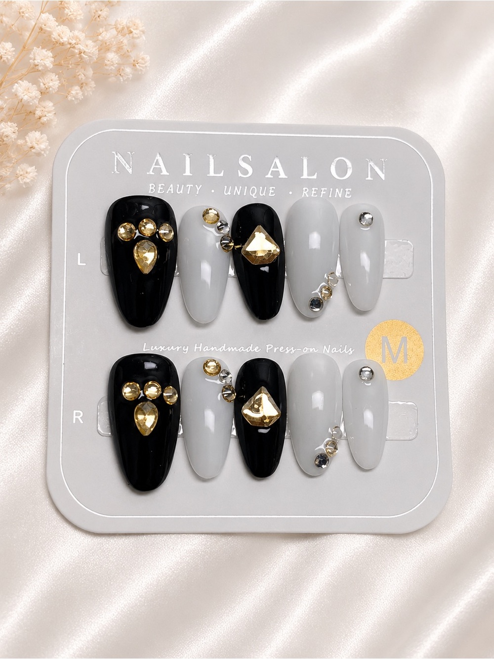 Black & Light Gray Rhinestone Press-On Nails by size medium